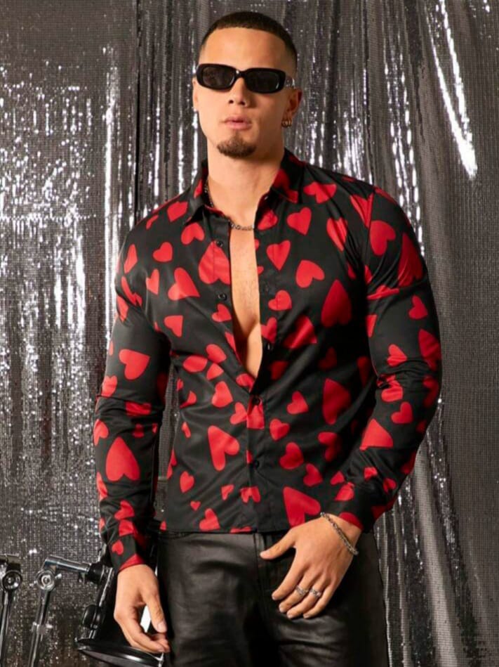 Streak Hawk Men's Loose Woven  Red sweet Heart Printed Classic Valentine Long Sleeve Shirt